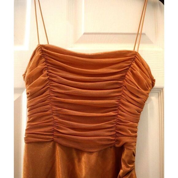 ASOS DESIGN Women's Sz 4 Gold Mesh Ruched Cami Drape Satin Midi Dress - Picture 3 of 14